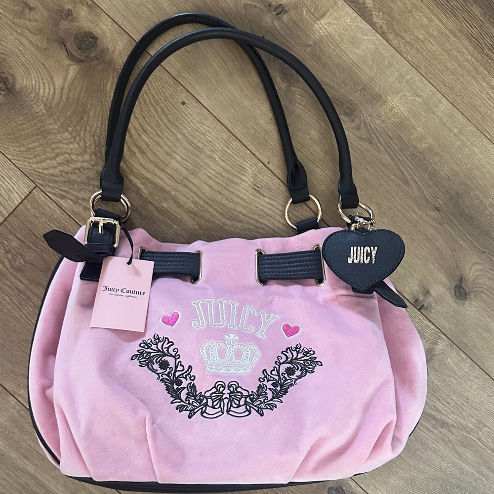 Juicy Couture Pink Velour Tote with Black Trim and Heart Charm